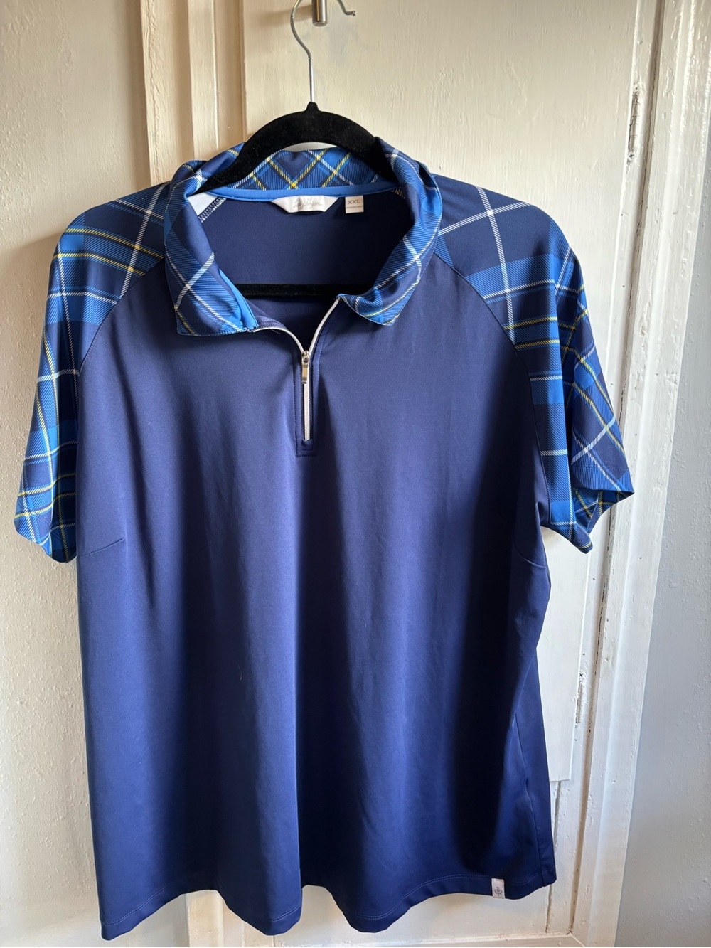 Lady Hagen Navy Short Sleeve Polo with Blue Plaid Shoulders
